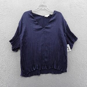 Vince Navy Blue Crinkle VNeck Short Sleeve Blouse Women Top Large NEW